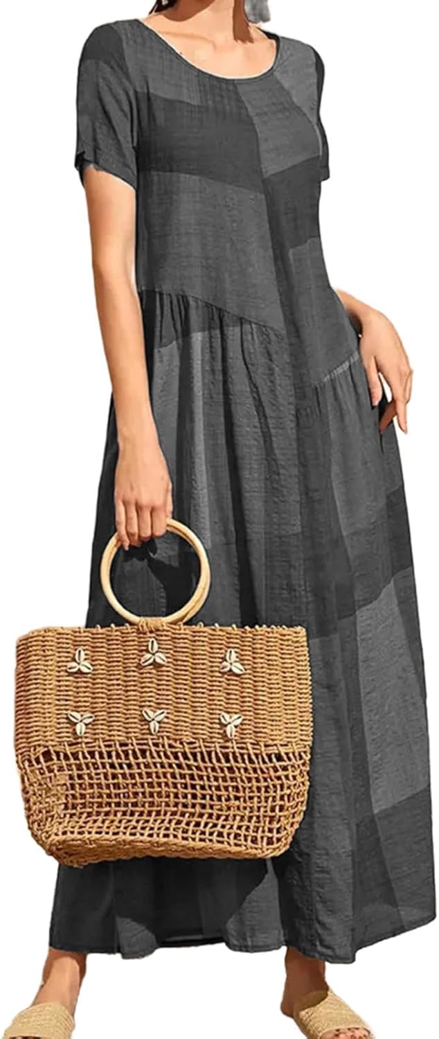 Womens Plus Size Maxi Dress Short Sleeve Crewneck Color Block Loose Fit Travel Summer Casual Beach Vacation Clothes