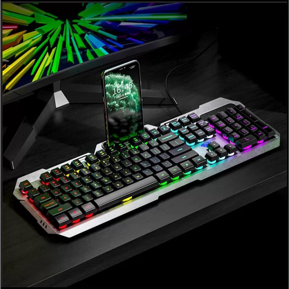 AULA F2023 keyboard with a smartphone in its integrated holder