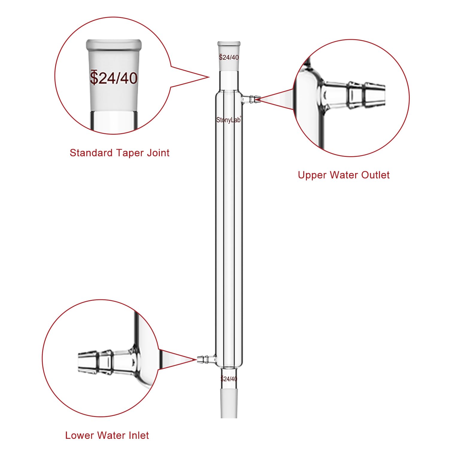 stonylab Condenseur Liebig, Condenseur en Verre Borosilicaté avec Joint 24/40, Longueur de Veste 400 mm, Matériel de Distillation et Condensation de Laboratoire