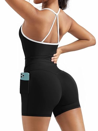 OMKAGI 2 Piece Workout Sets for Women Padded Sports Bra Tank Booty Gym Shorts with Pockets - 4.5Inch Short Set - Medium - 284-black White Piping