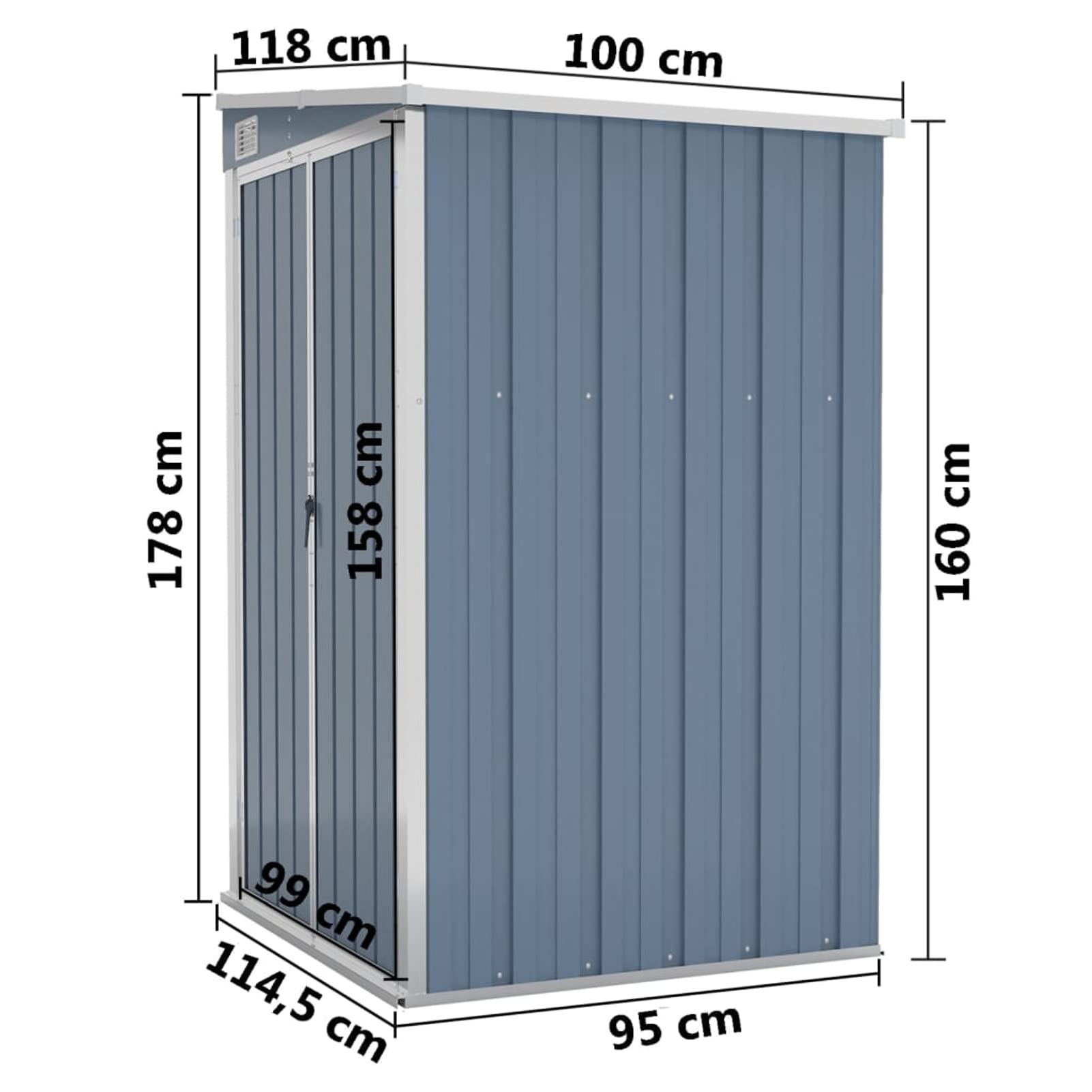 IKAYAA Cobertizo Exterior de Pared 118 x 100 x 178 cm Armario Cobertizo de Exterior para Herramientas, Caseta de Jardín Metálica con 2 Puertas para Almacenamiento de Herramientas Gris