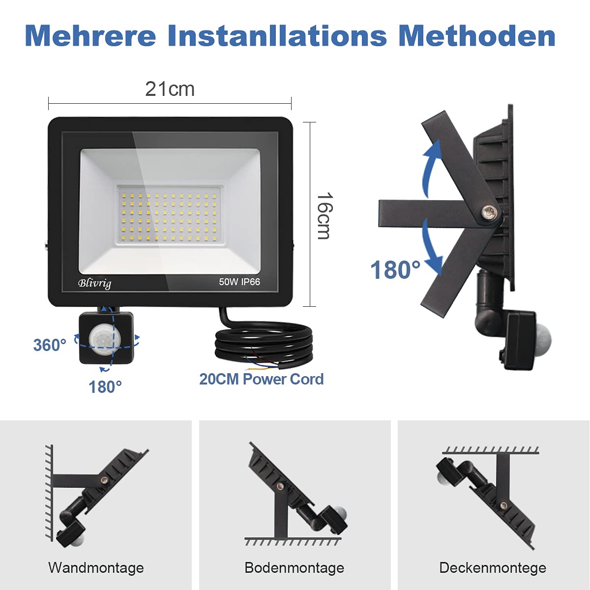 Focos LED Exterior con Sensor de Movimiento 50W, 4 Piezas | Blanco Cálido 3000K, 5000LM Súper Brillante, IP66 Impermeable, Ángulo de haz 120°, para Garaje, Jardín, Patio, Terraza