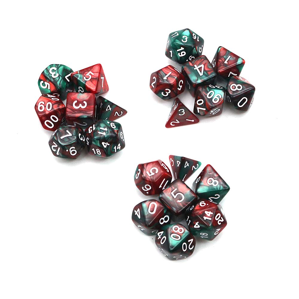 DollaTek Polyhedral Dice zestaw do gry sto?owej, 3 zestawy kostek, 3 x 7 (21 sztuk), seria D20, D12, D10, D8, D6, D4, DND, kostka, DND, RPG, MTG, dwucz??ciowa (czerwona i zielona)