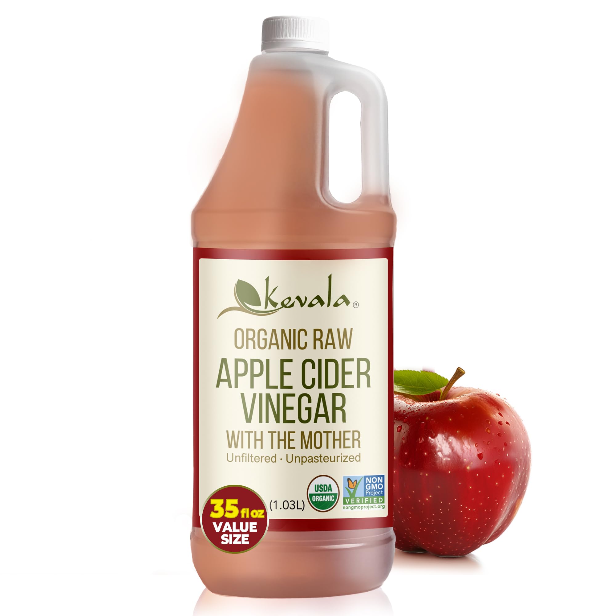 Kevala Organic Raw Apple Cider Vinegar - Excellent for Daily Use in Cooking and Baking, Free from Common Allergens Such as Gluten and Peanuts, Ingredient for Vinaigrettes and Dressings, 35 oz