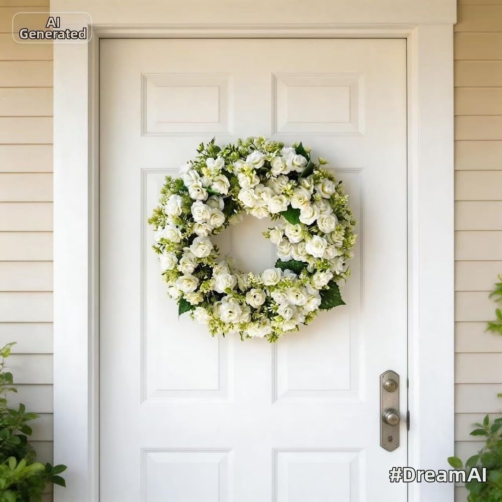 Ghirlanda di fiori artificiali bianca e rosa, 45 cm, rose realistiche al tatto, foglie di eucalipto, decorazione da parete, arco nuziale, per interni ed esterni (bianco)