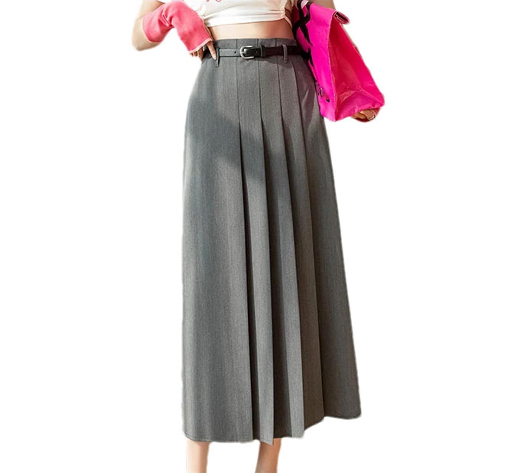 Womens Solid Color Pleated Maxi Skirt Retro High Waist Street Belt Pleated Straight Skirt