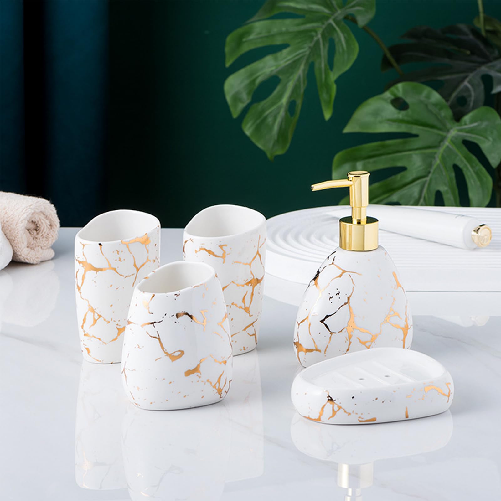XYQXYQ Ceramics White Bathroom Accessories Set,Gold Marble Look Bathroom Decor,Modern 6 Piece Bathroom Accessory Set,Complete with Soap Dispenser,Toothbrush Holder,Tumbler,Tray Countertop - Image 3