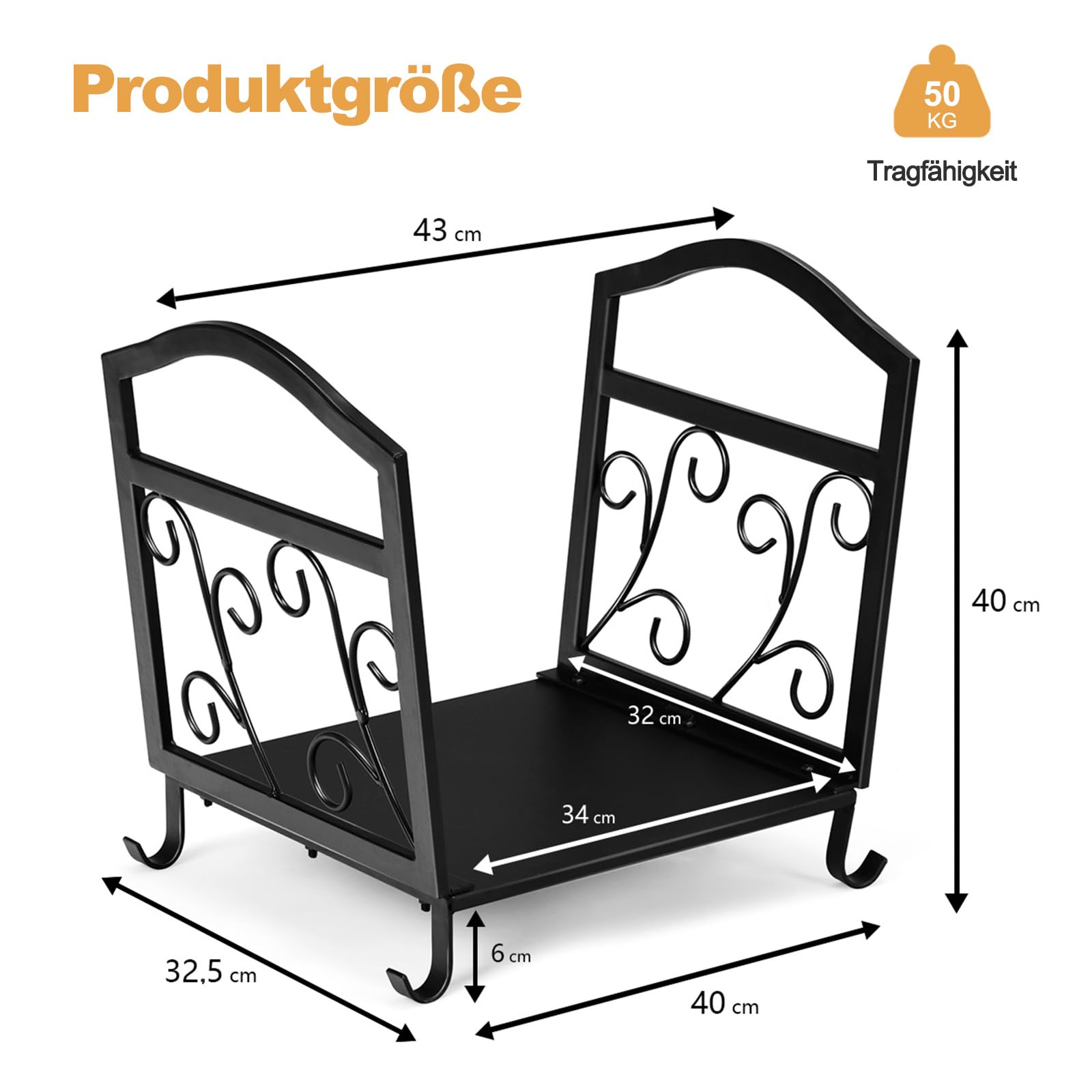 COSTWAY Metalowy regał na drewno kominkowe, regał opałowy ze stabilnym cokolem i uchwytami, stojak do użytku wewnątrz i na zewnątrz, 43 x 32,5 x 40 cm