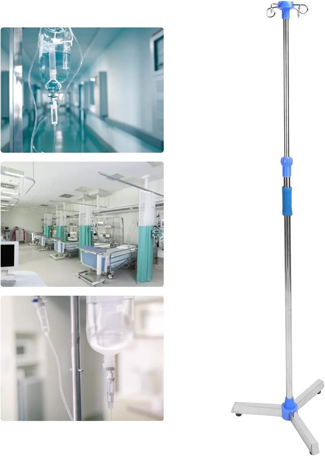 Supporto per porta flebo, supporto per porta flebo con 4 ganci, supporto con altezza regolabile, asta per porta flebo in acciaio inox