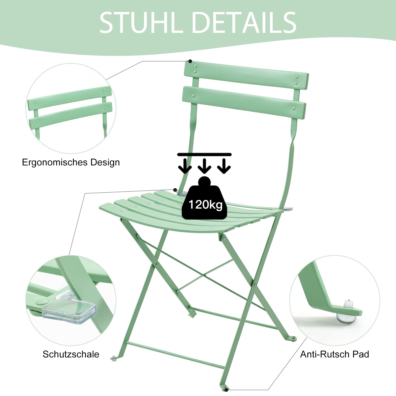 AVAWING - Set da balcone e giardino in 3 pezzi, con tavolino e 2 sedie pieghevoli (verde)