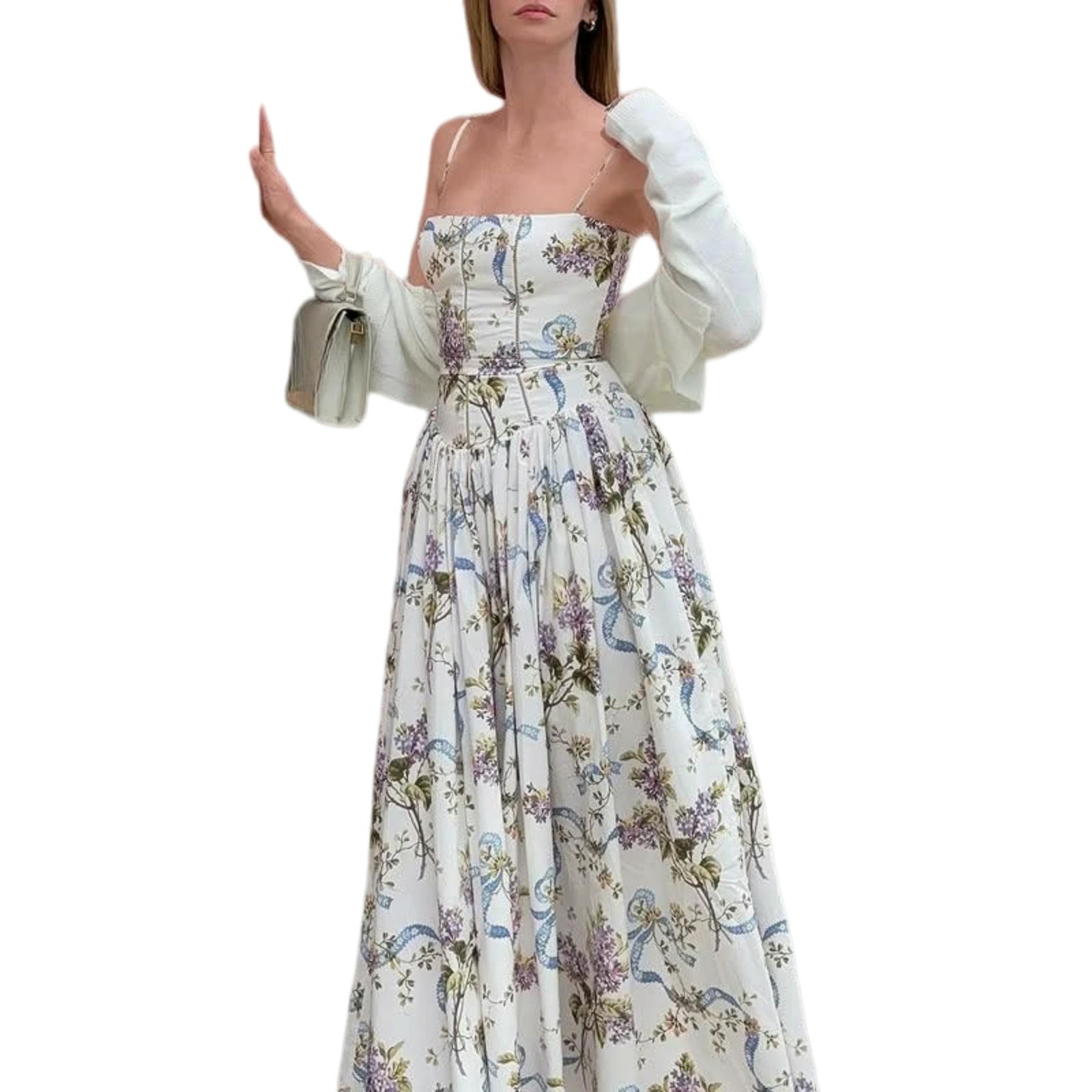 Damenkleid Damen Midikleid Mit Blumendruck, Elegantes Weißes Sommerkleid 2026, Neuankömmling, Urlaub, Lässig, Party, Sommerkleid-lila Blume-xs