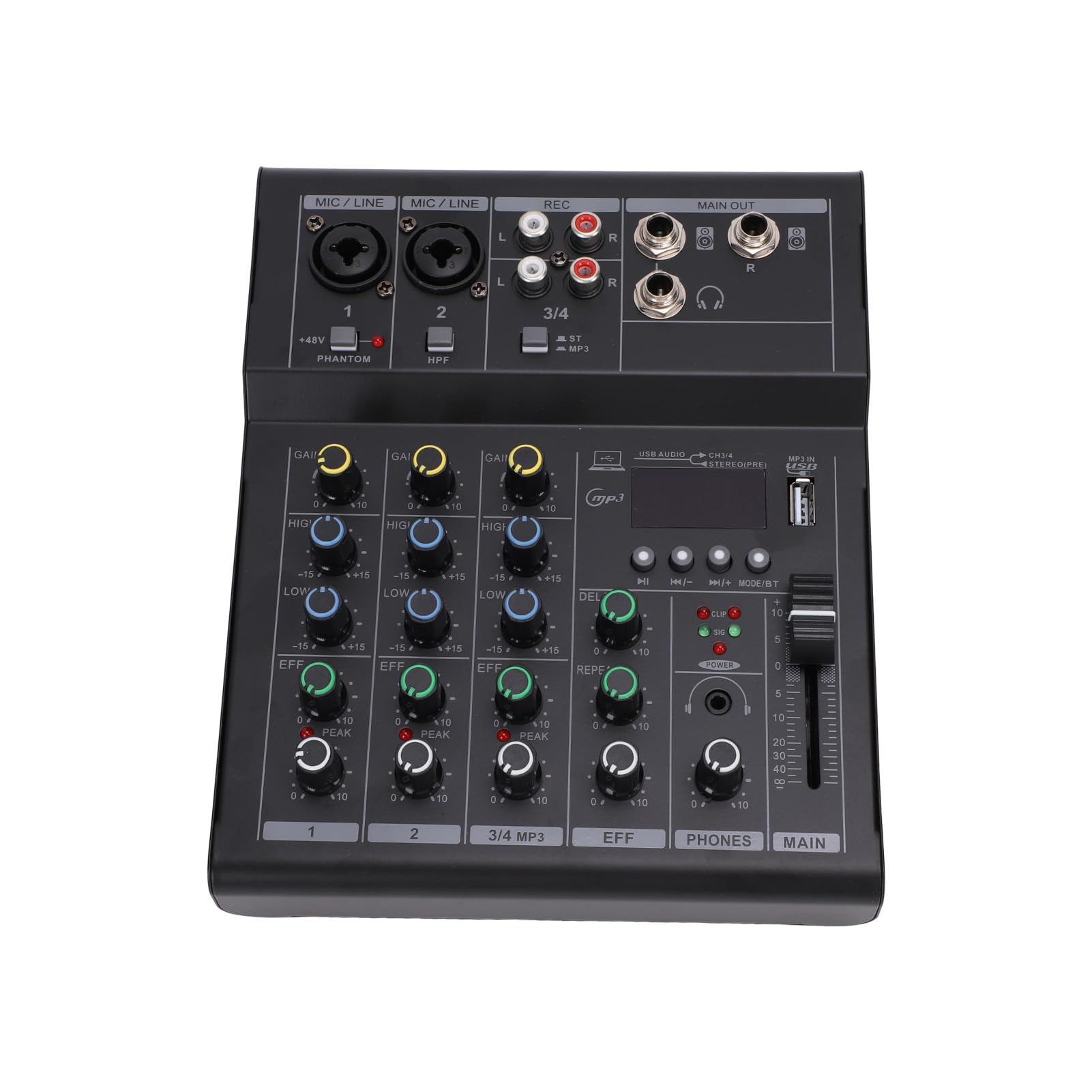 4-Kanal-Mini-Audio-Mixer, BT MP3 USB 48 V Phantomspeisungs-Mixer, Integrierter Gitarrenverstärker- mit DJ-Mischbrett-Design, Ideal für Mikrofone, Gitarren, Keyboards und Studioaufnahmen