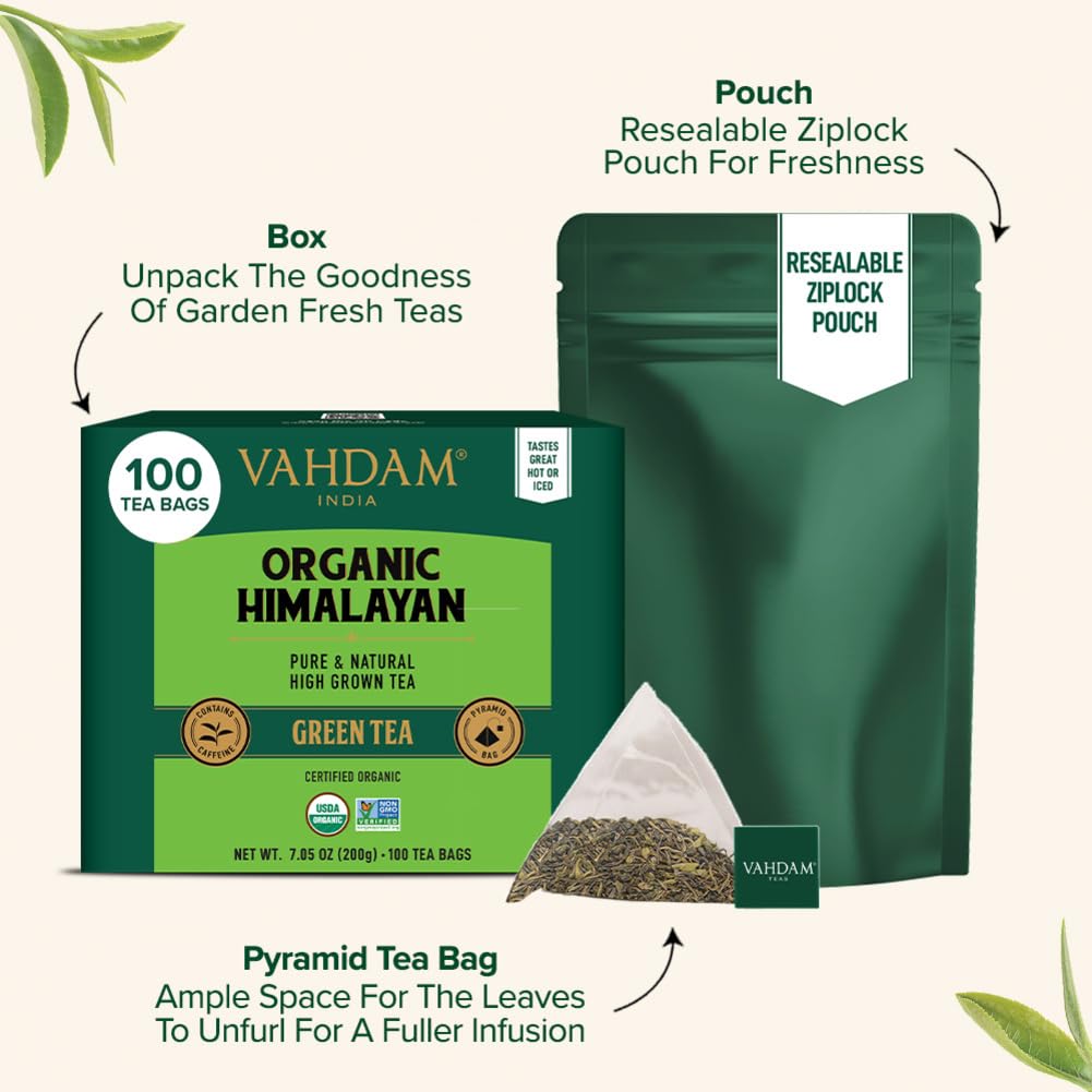 VAHDAM, Organic Himalayan Green Tea (100 Count) High Grown, Non GMO, Gluten Free, Low Caffeine | Earthy & Smooth | Resealable & Plant-Based Pyramid Tea Bags - Image 4
