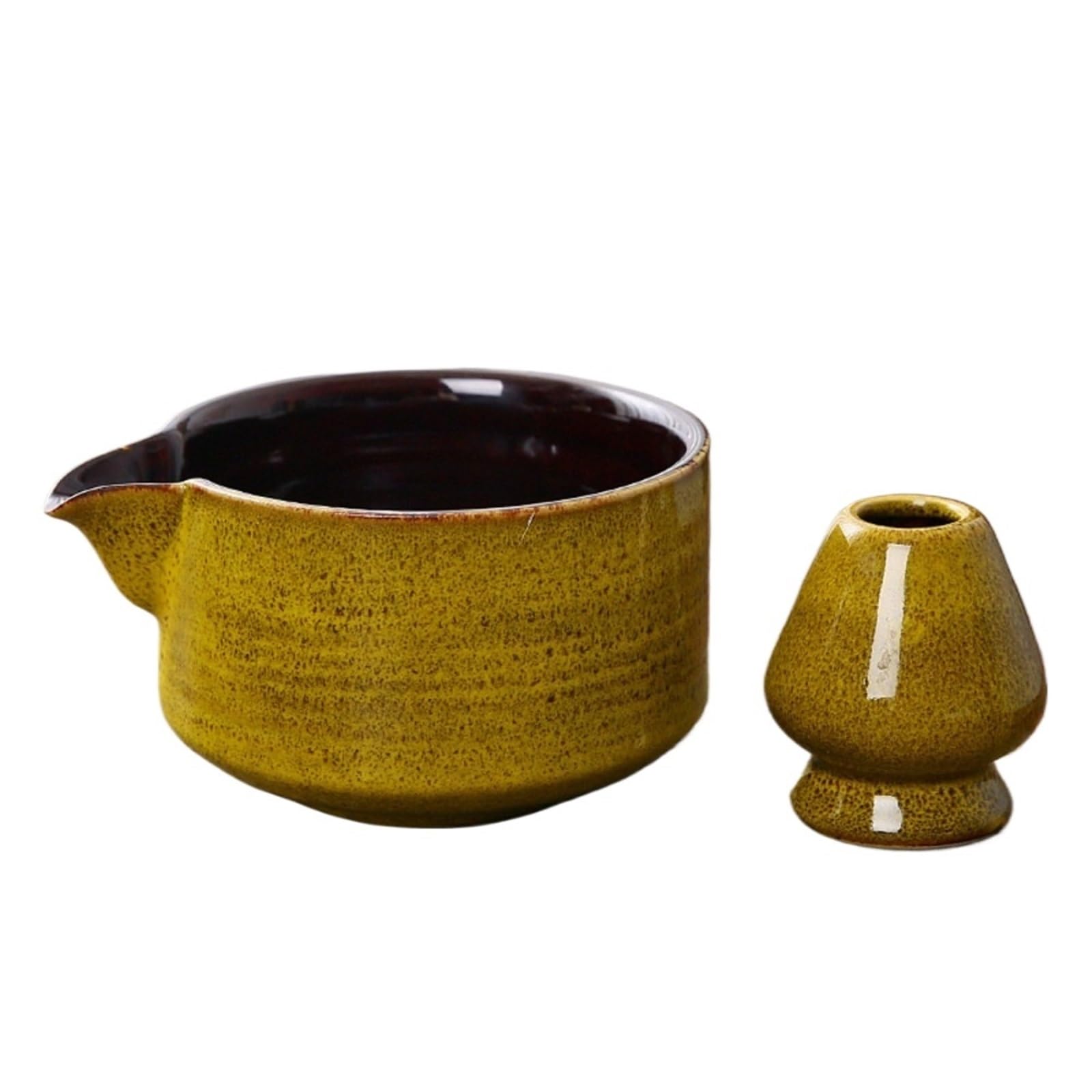 Juego de té matcha Juego De 2 Cuencos Cerámica For Matcha Con Pico Vertedor Y Soporte Reutilizable For Batidor Té, Cuenco Verde Hecho A Mano(Yellow)