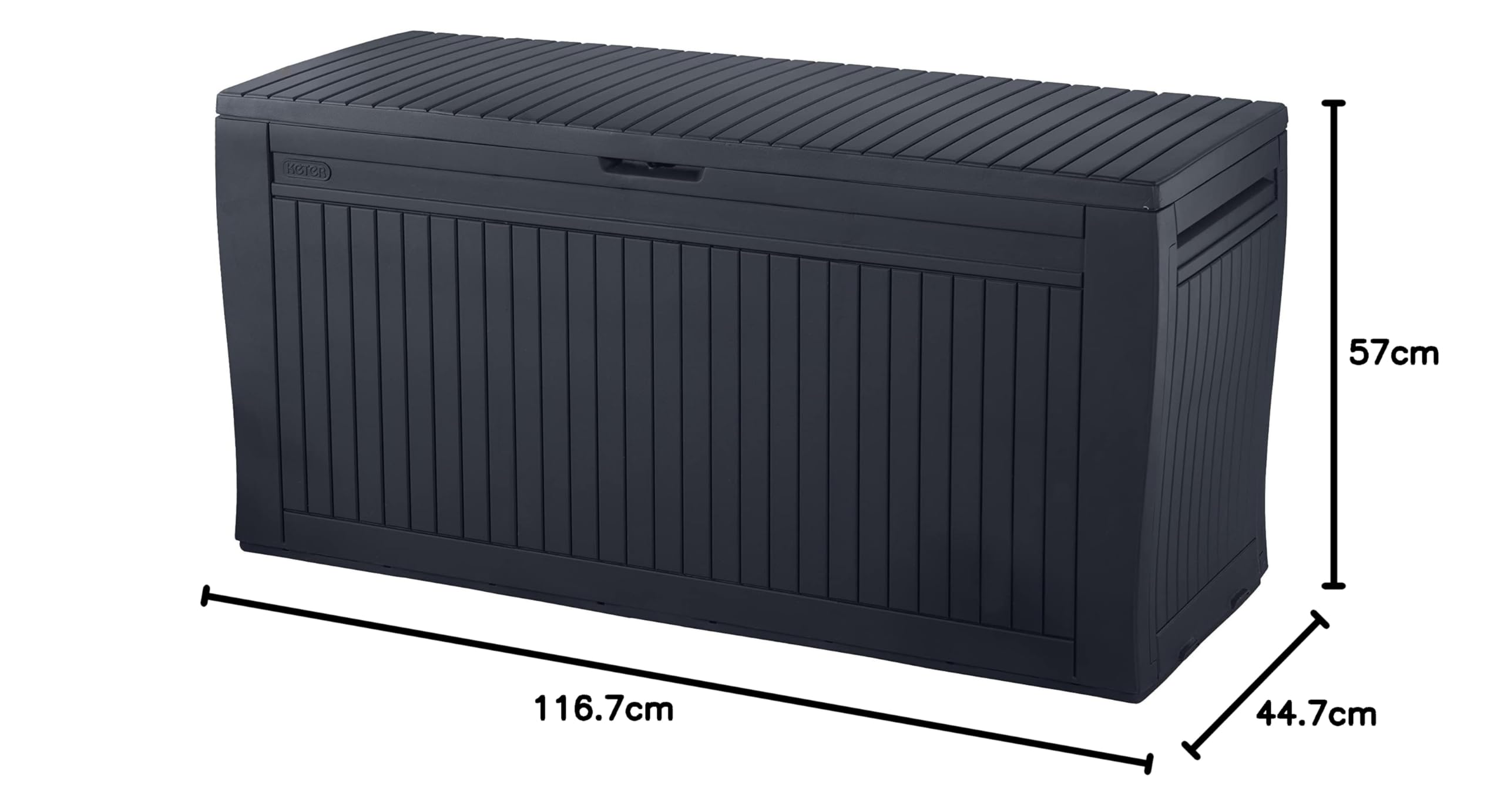 Koll Living Auflagenbox/Kissenbox 270 Liter Farbe : Graphit l 100% Wasserdicht l mit Belüftung dadurch kein übler Geruch/Schimmel l Moderne Holzoptik l Deckel belastbar bis 250 KG (2 Personen)