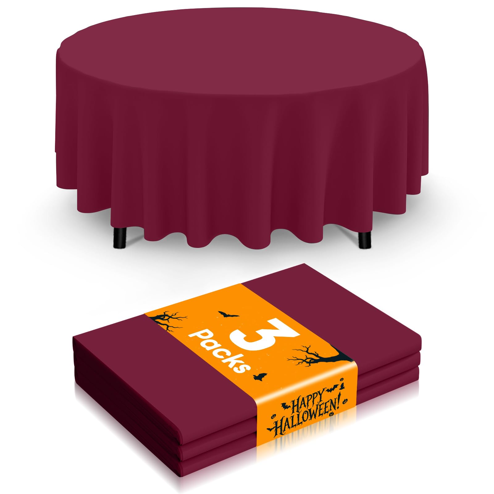 Smiry Disposable Table Cloth 3 Pack, 84 Inch Round Waterproof Plastic Tablecloth, Decorative Round Table Covers for Party, Birthday, Picnic, Wine Red