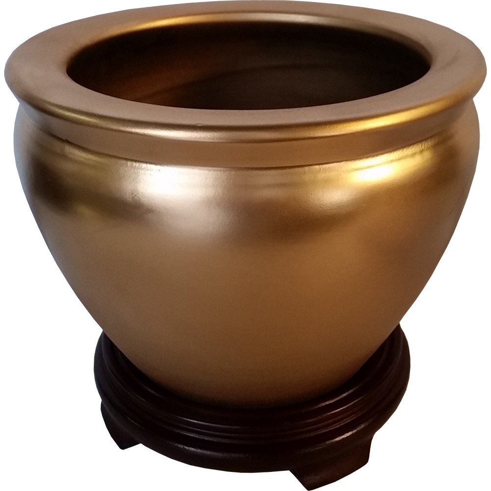 Asian Ceramic Planter Gold Finish in 8" Diameter