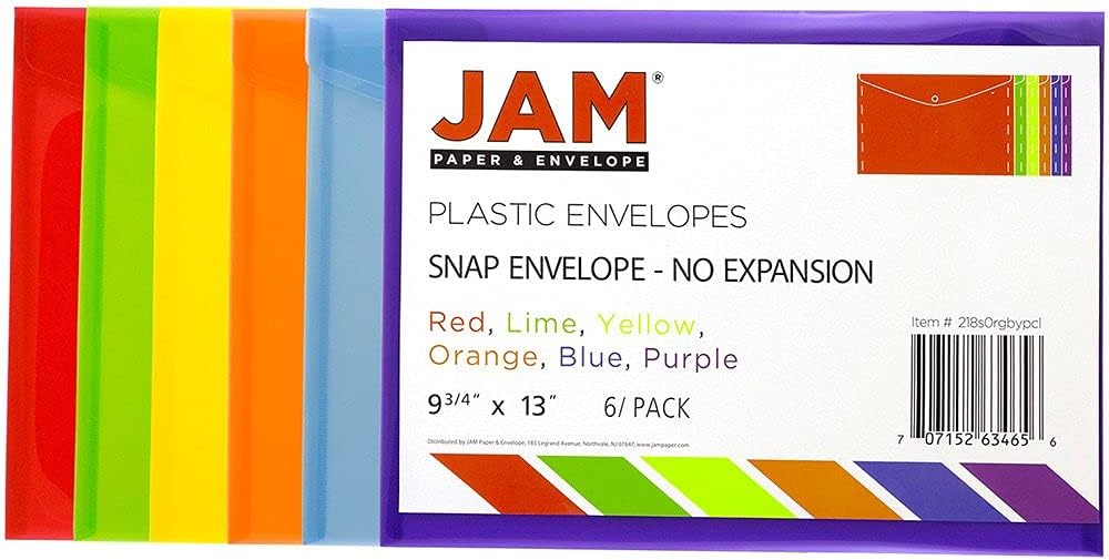 JAM PAPER Plastic Envelopes with Snap Closure - Letter Booklet - 9 3/4 x 13 - Assorted Colors - 6/Pack