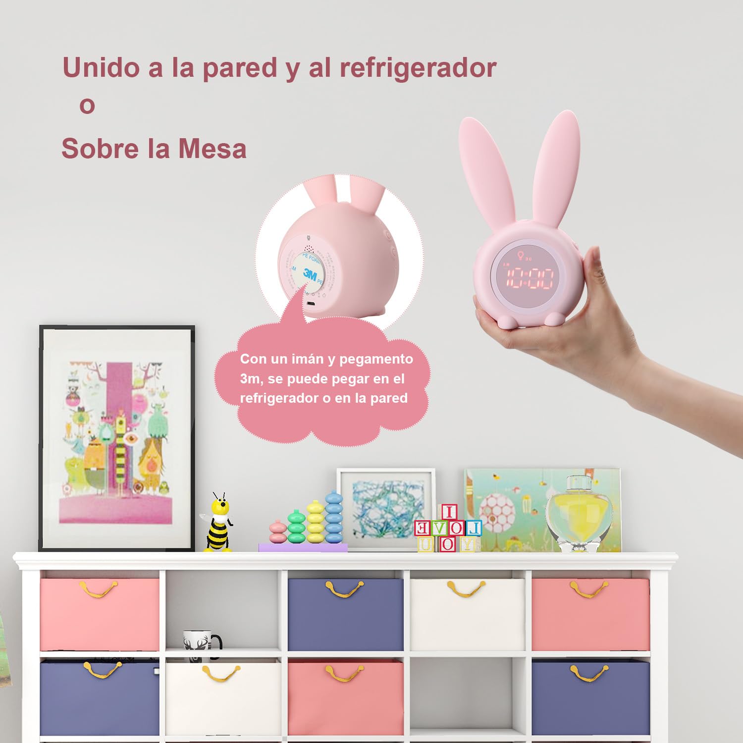 Reloj Despertador conejo Rabbit Clock, Conejito Lindo Dormitorio de Noche con lámpara de luz Nocturna + 6 música Interesante + Función de Cuenta Regresiva, Despertador infantil niña Estudiantes Rosa