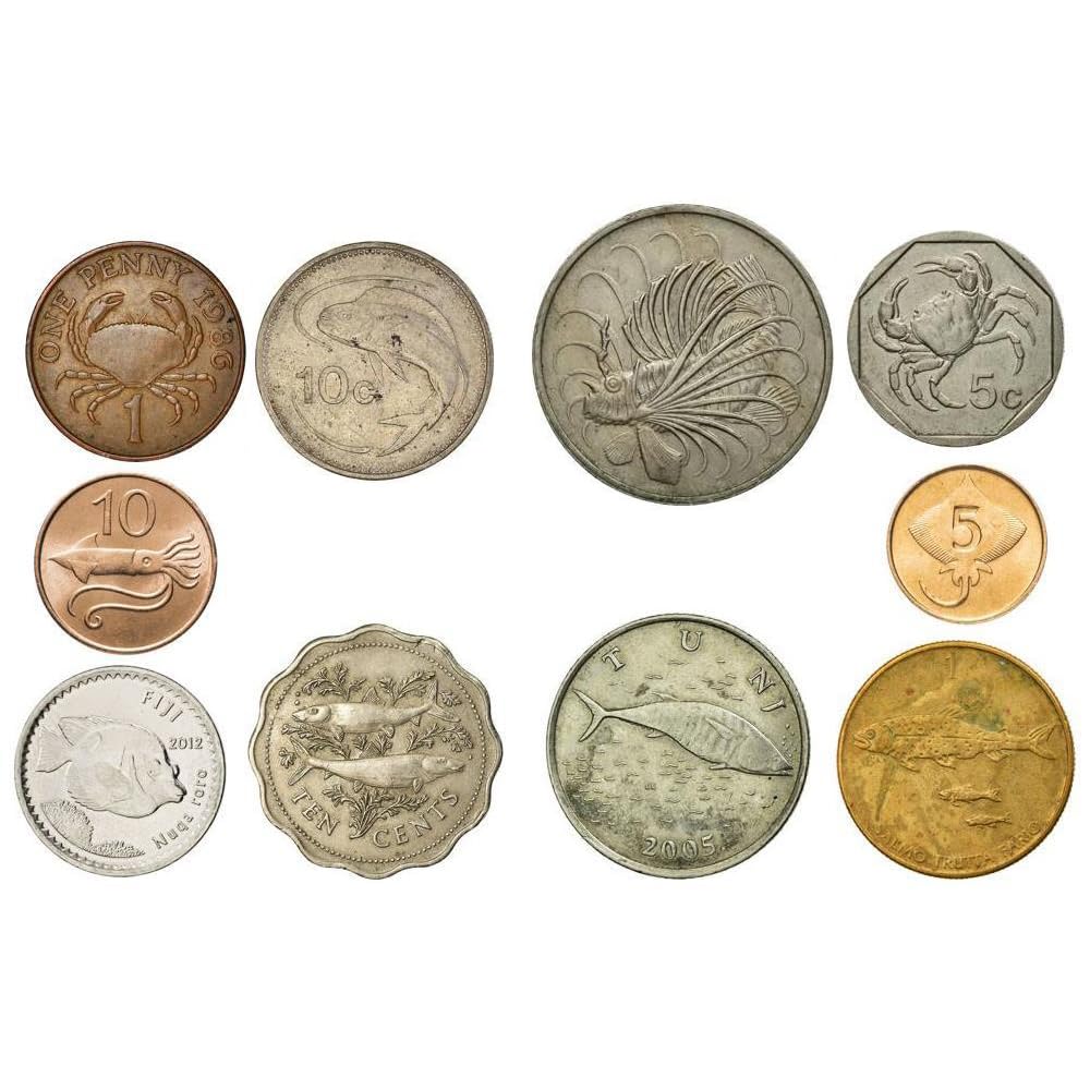 10 Different Coins Featuring Aquatic Creatures - Fish, Dolphins, Squids, Crabs, Shrimps, Starfish And More - Genuine World Coin Collection