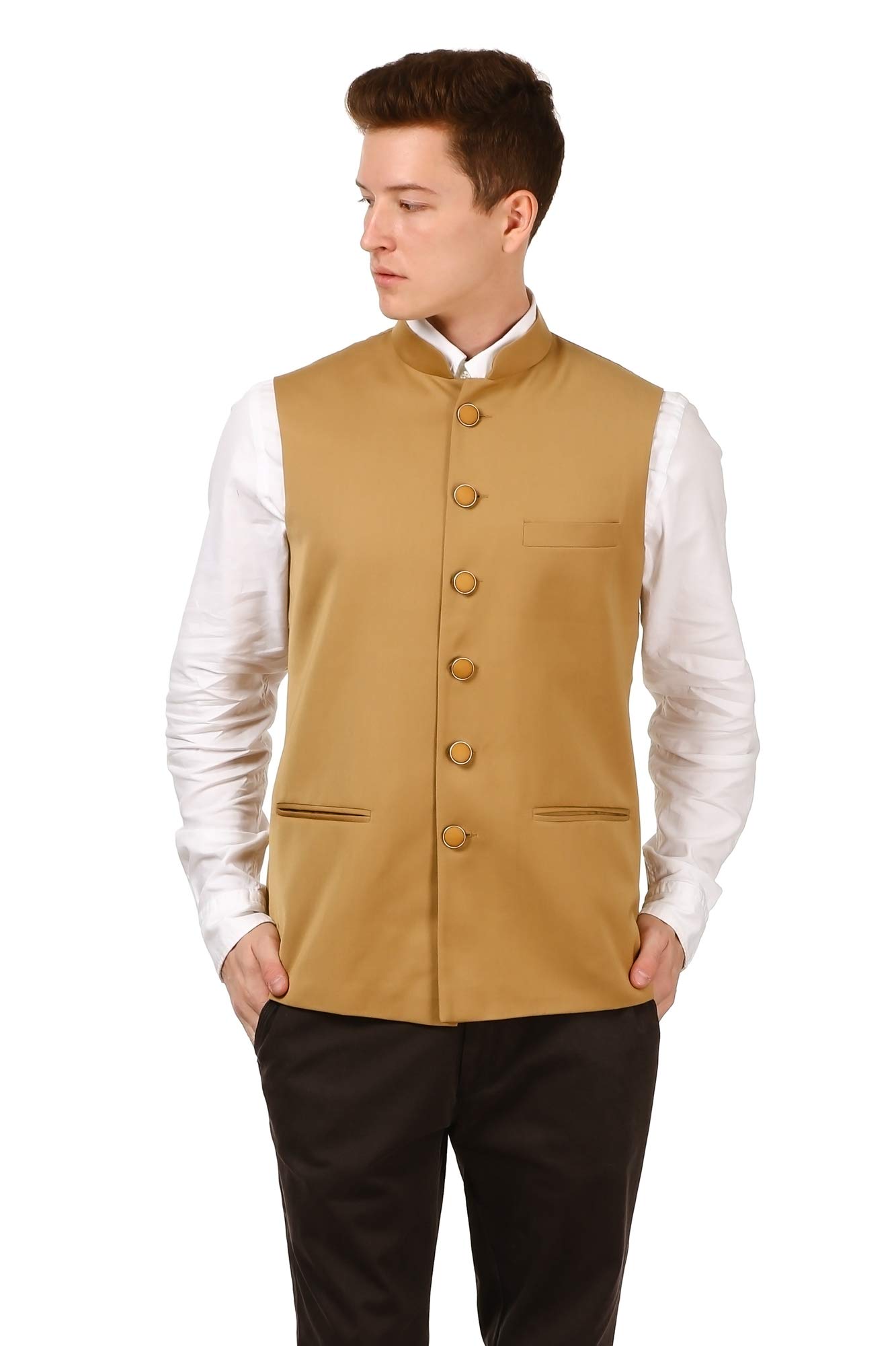 Men's Solid Beige Waistcoat/Ethnic Jacket-image-31