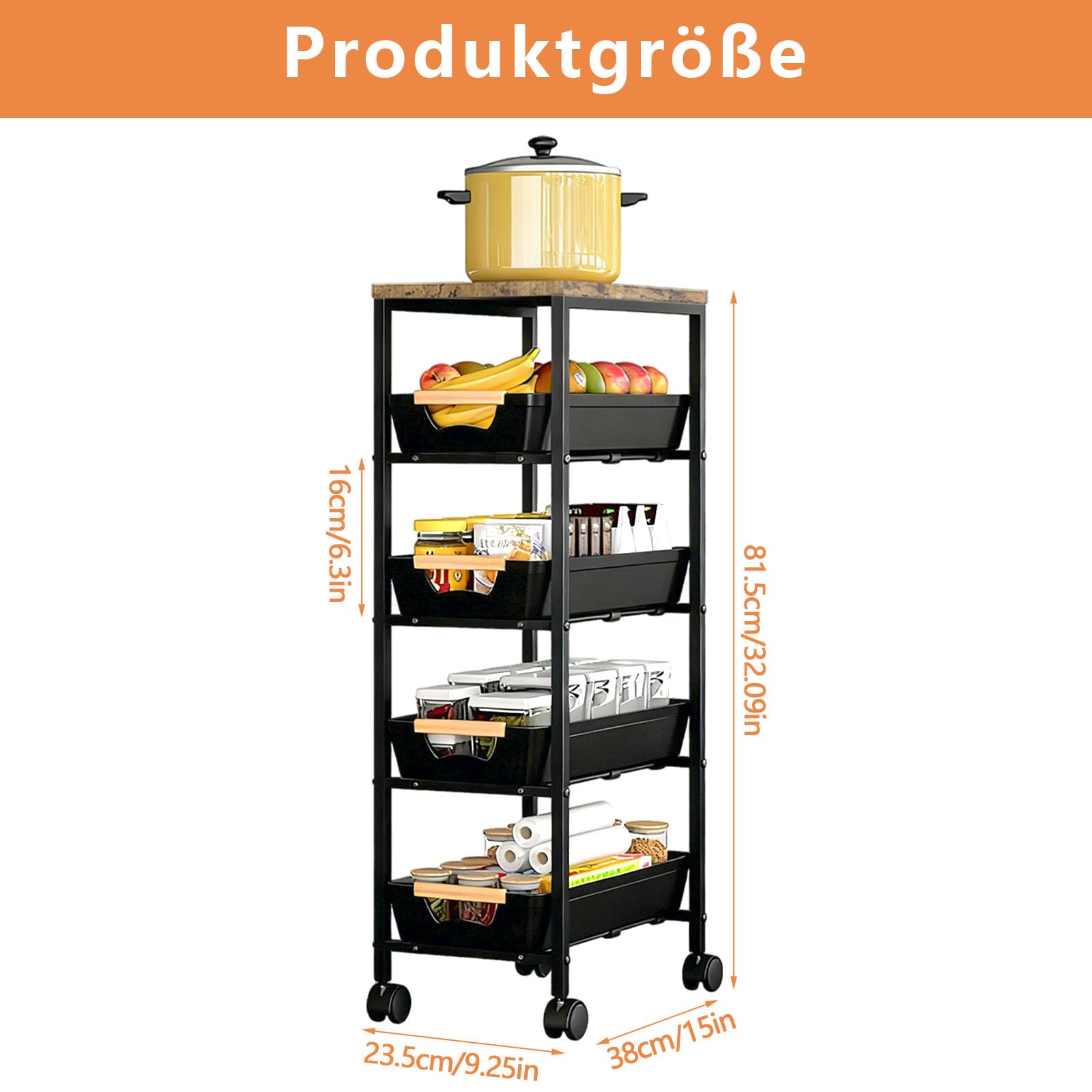 Carro de cocina con ruedas, 5 niveles, estrecho, con cajones extraíbles, ruedas giratorias de metal con freno de 360°, para espacios pequeños, cocina, baño, salón, estudio, color negro