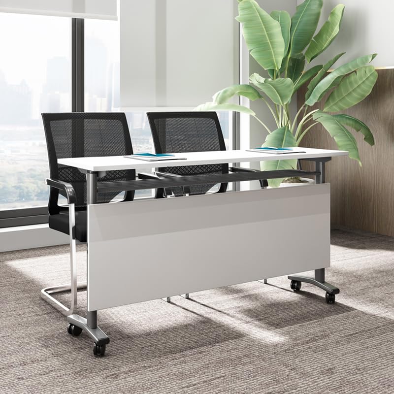 Mesa de conferencias Plegable, versátil, Rectangular, Grande, con Ruedas silenciosas, solución móvil para reuniones dinámicas en oficinas y aulas (Blanca, 140 x 60 x 76 cm)