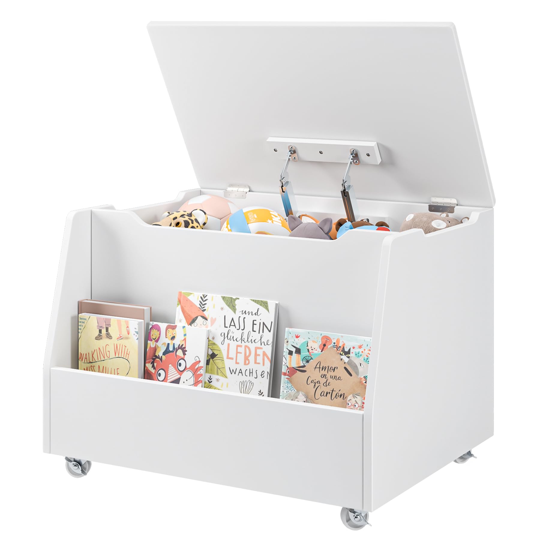 HOCSOK Kinderregal mit Rollen, Regal Kinderzimmer mit Bücherregal, Spielzeugkiste aus Holz für Schlafzimmer Kindergarten, Weiß