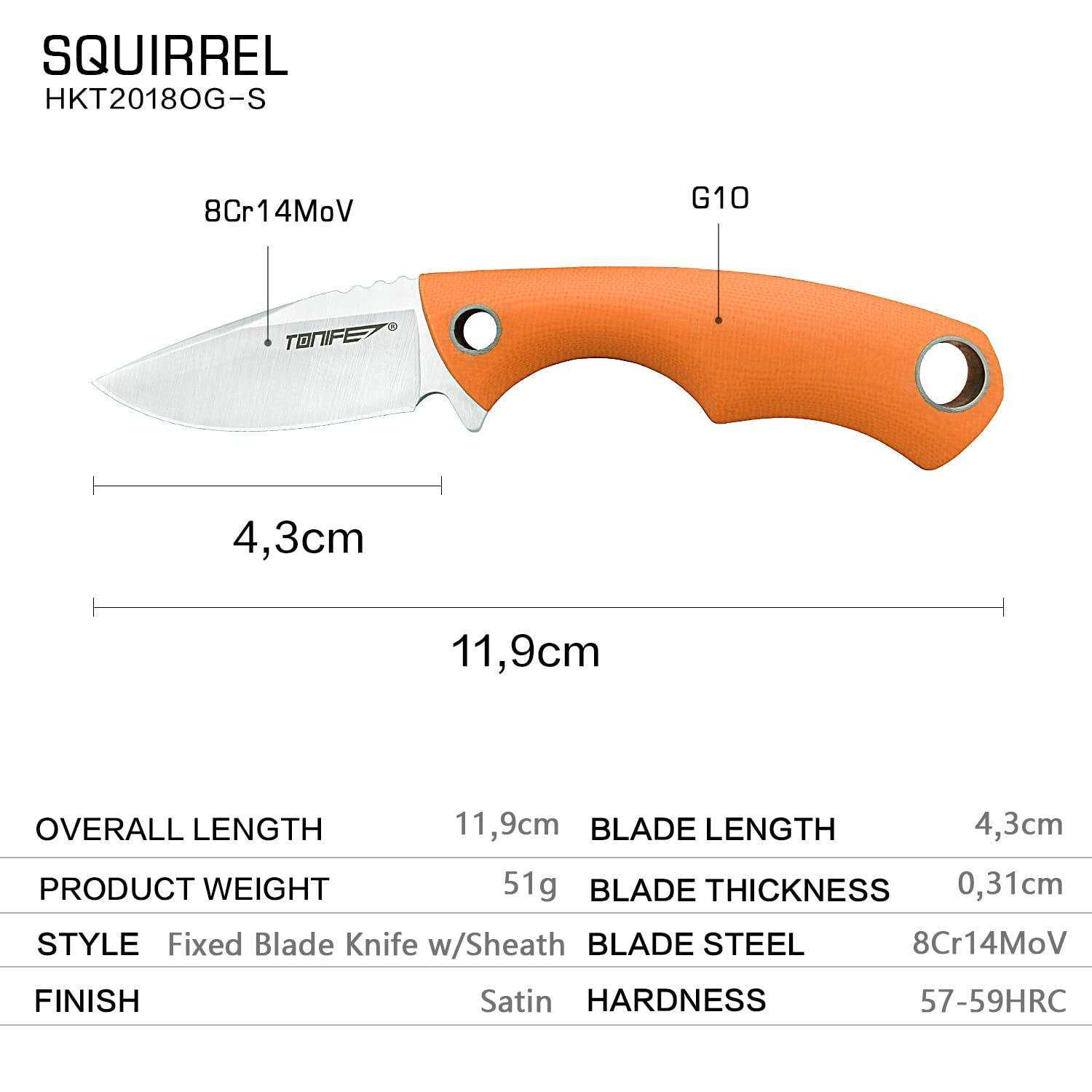 TONIFE Squirrel Full Tang Coltello da Collo Lama Fissa 4,3cm Totale 11,9cm con Fodero in Kydex e Catena a Sfera per Caccia, Campeggio, Sopravvivenza(Arancia)