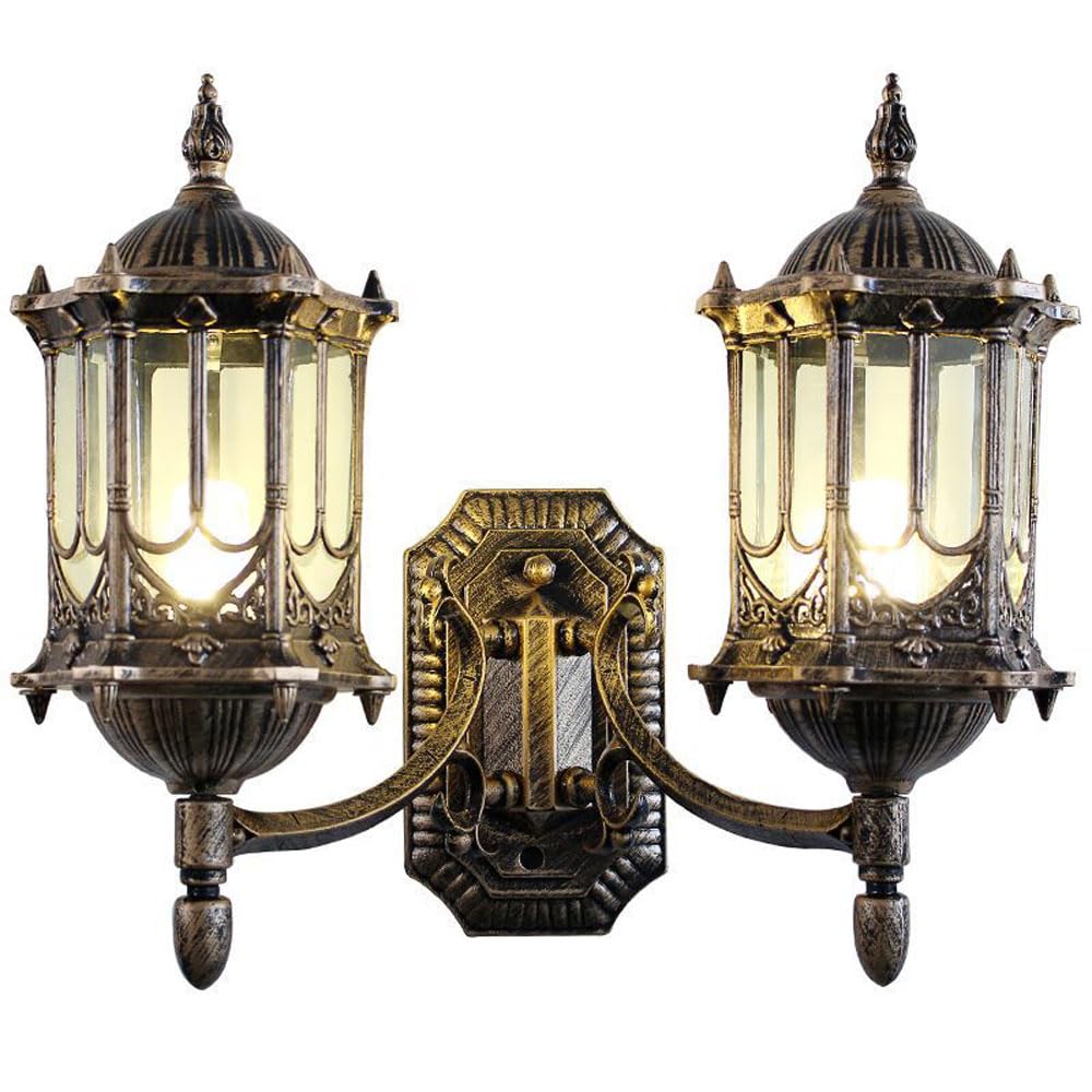 OZBMA European Ip65 Waterproof Wall Light E27 Outdoor Sconces Double Head Retro Creative Aisle Corridor Villa Courtyard Gate Lamp with Transparent Glass Shade