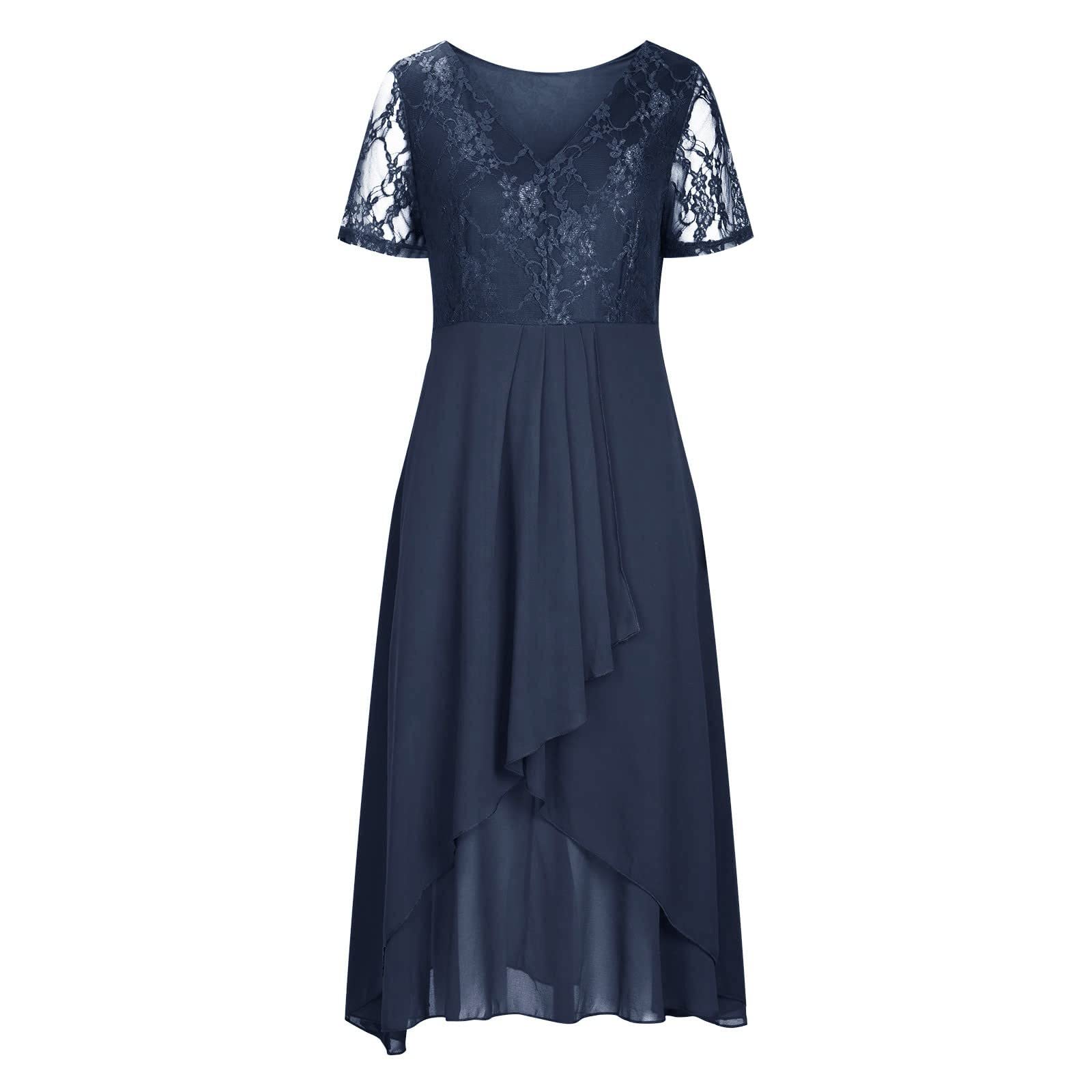 Vestido de verano para mujer, con cuello en V, manga corta, para profesora, encaje de gasa, bloque de color, bordado, casual, para boda, fiesta de invitados