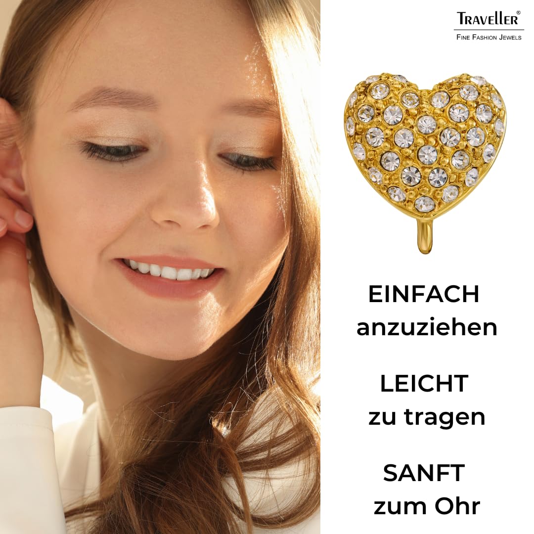 Traveller Ohrclip - Damen - Goldfarben - Herz - Kristalle - 11 x 10 mm - 22kt vergoldet - 157796