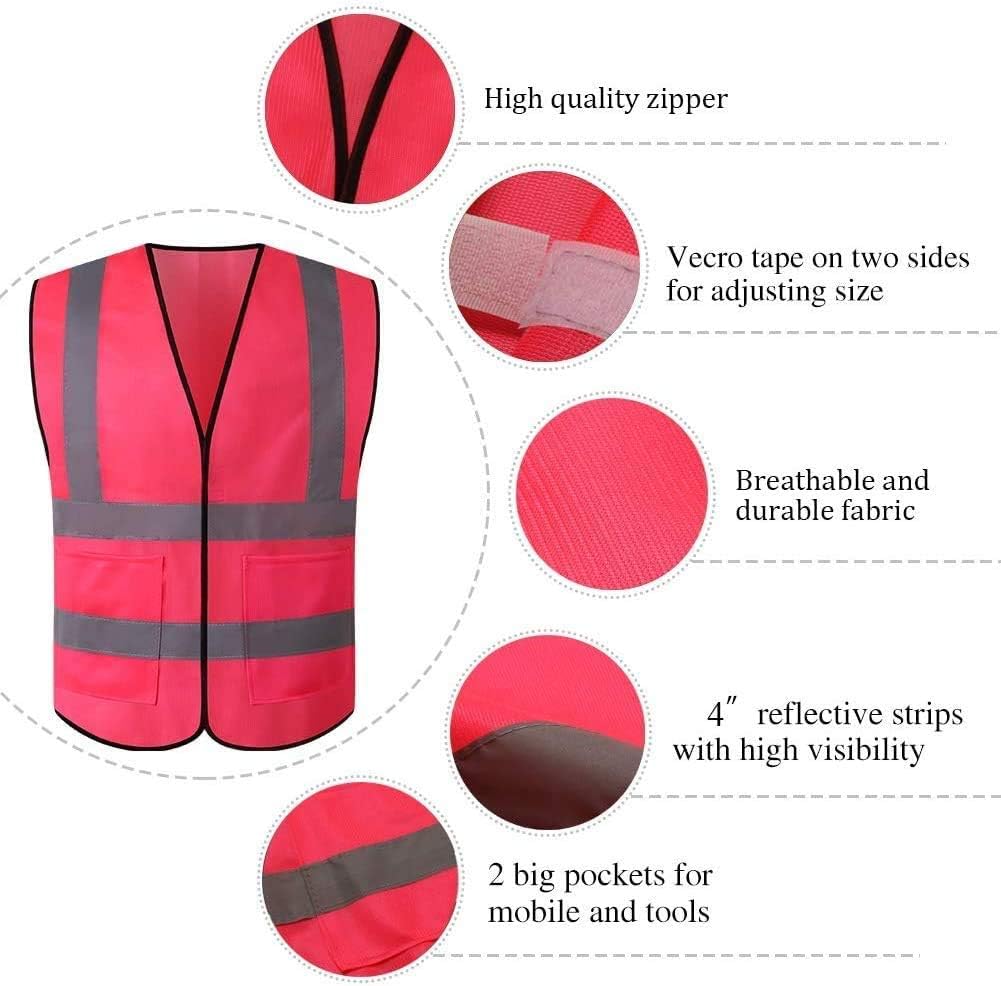 JSungo High Visibility Orange Safety Vest 10 Pack, ANSI Class 2 Identification Security Vest with 4 Reflective Silver Strips, Velcro Construction Vest for Night Running, Jogging, Cycling Walking - - 