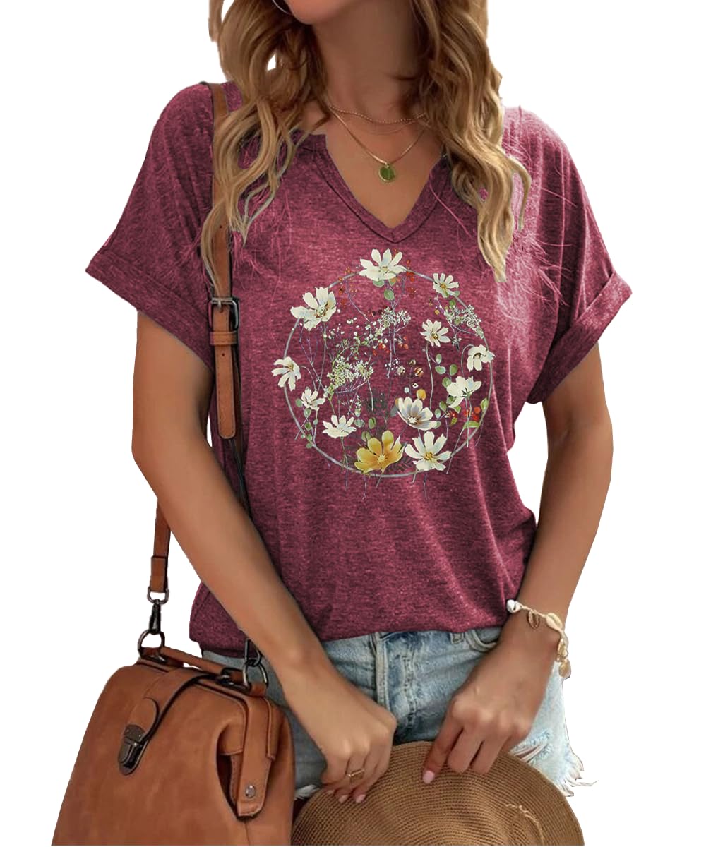 REBOYA Tshirt Damen Sommer Retro Blumen T Shirt V Ausschnitt Druck Oberteile Kurzarm Boho Wildblümchen Graphic Tee Shirt Tunika Tops