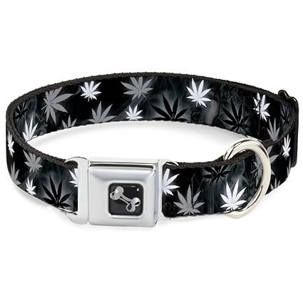 Dog Collar Bone - Pot Leaves Smoke Black Gray White - Wide-Large 18-32