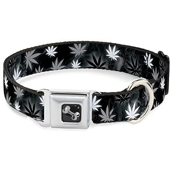Buckle-Down DC-W34271-S Seatbelt Dog Collar, Small, Pot Leaves/Smoke Black/Gray/White