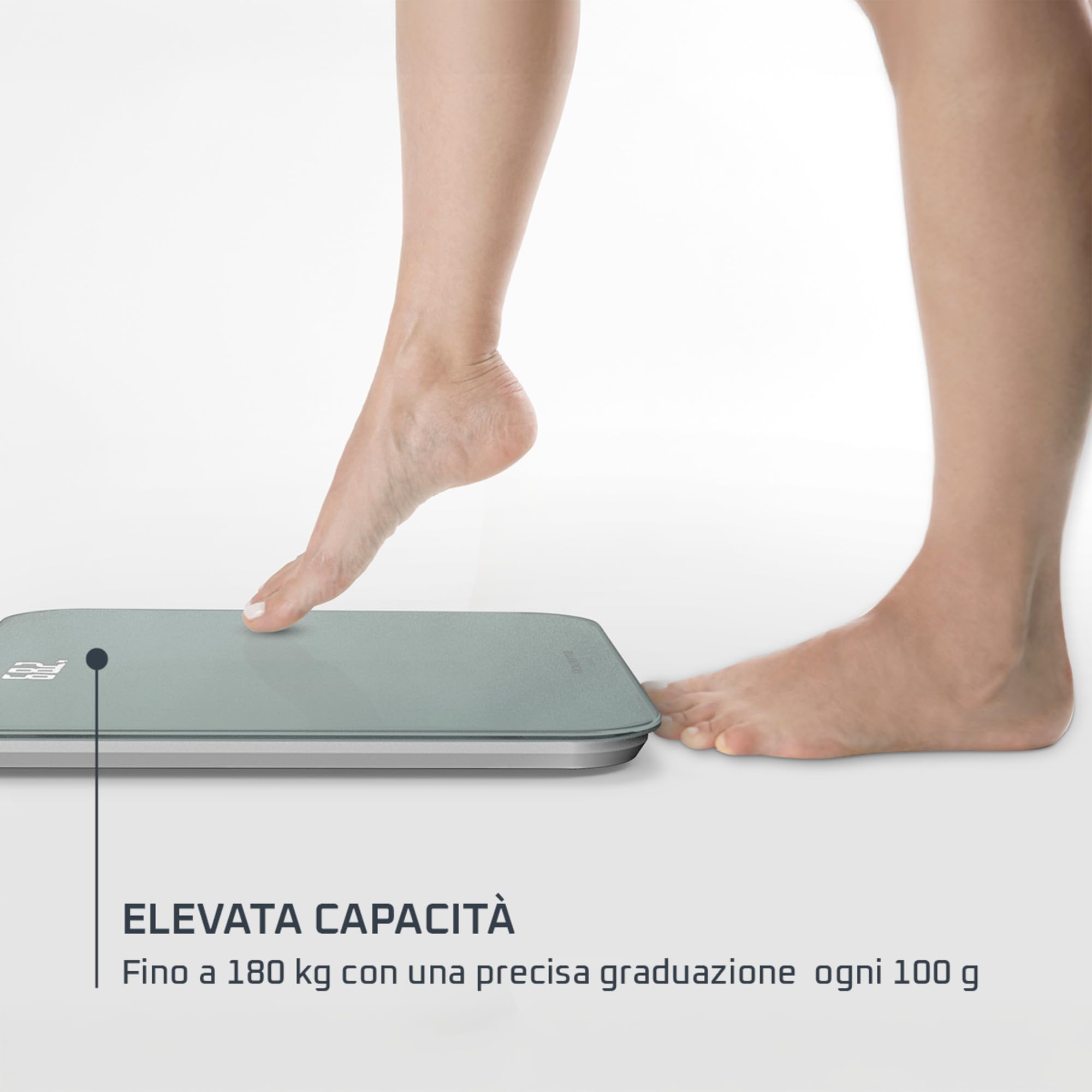 Rowenta Classic 2.0, Bilancia con Schermo Invisibile LED Facile da Leggere, Capacità 180kg, Design Moderno e Funzioni Intelligenti, AutoAccensione e Spegnimento Automatico, Colore Eucalipto, BS1903V0