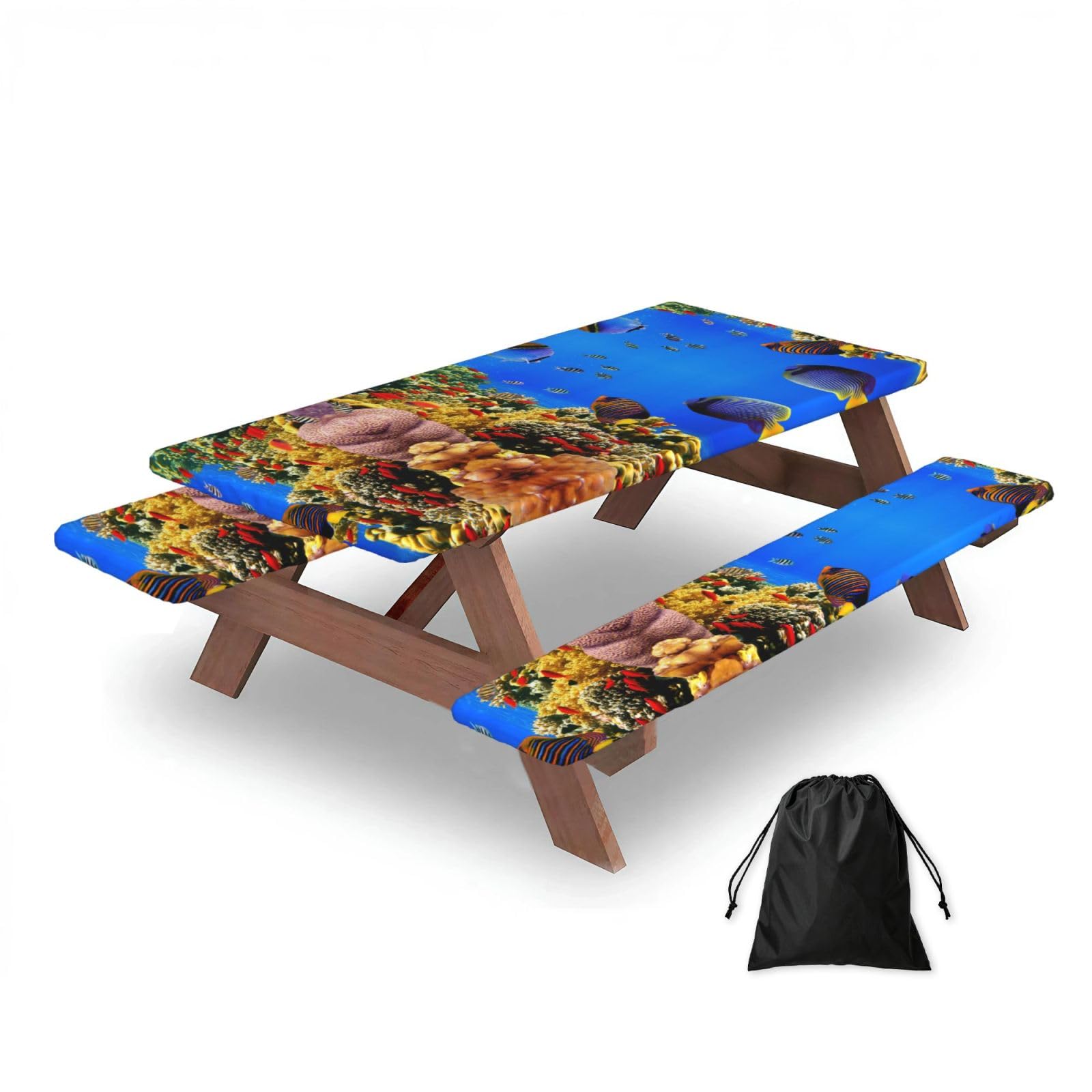 ESNAIUVCD Sea Fish Pattern Print Picnic Table Cover With Bench Covers,Camping Essentials,Fitted Tablecloth Cover With Elastic Edge, For Indoor & Outdoor 3 Pcs
