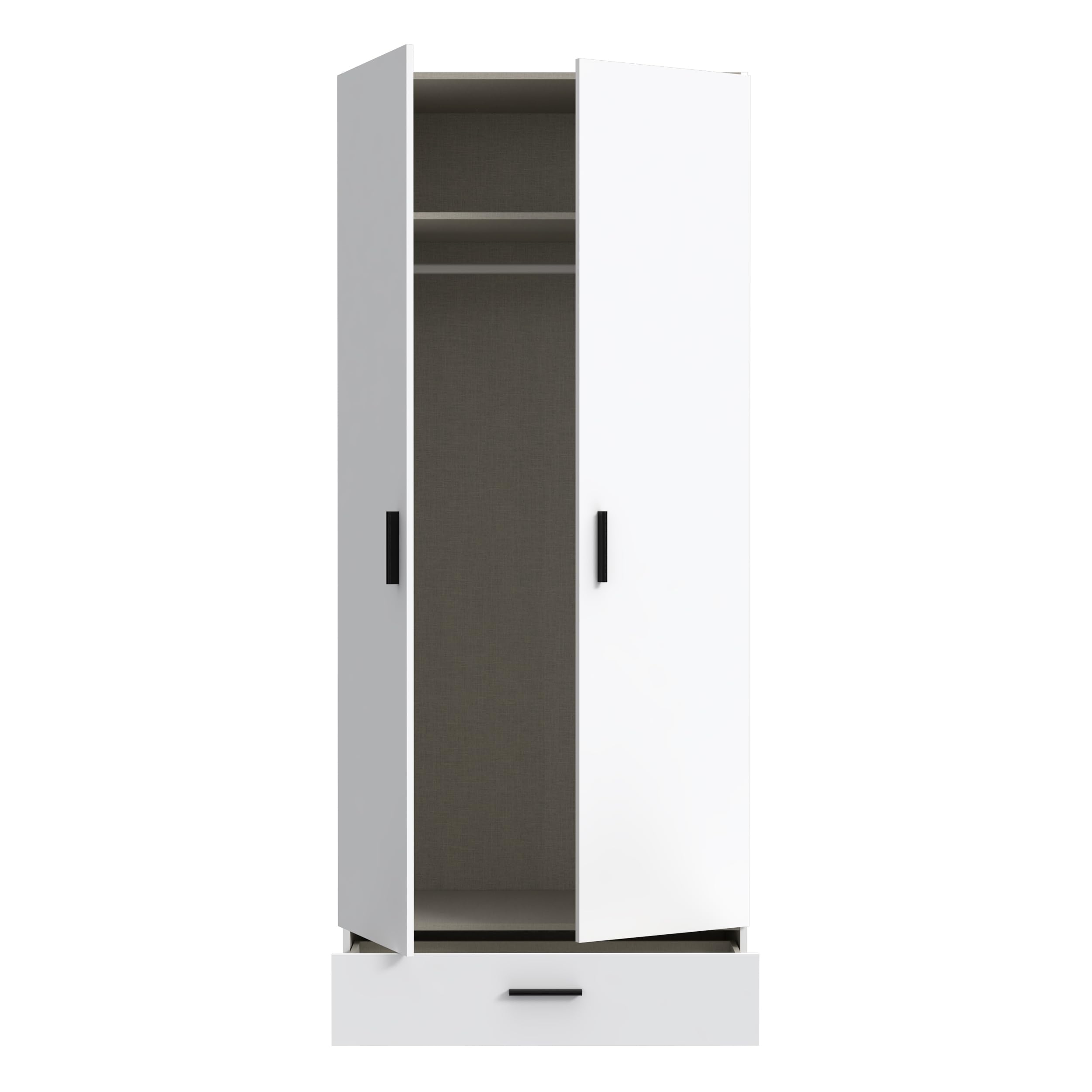 Forte TRAWEN Kleiderschrank 90, moderner Kleiderschrank, Flurschrank, Mehrzweckschrank, 2-türig, Schublade, Holzwerkstoff, Weiß, 88,9 cm breit x 210,5 cm hoch x 54,2 cm tief