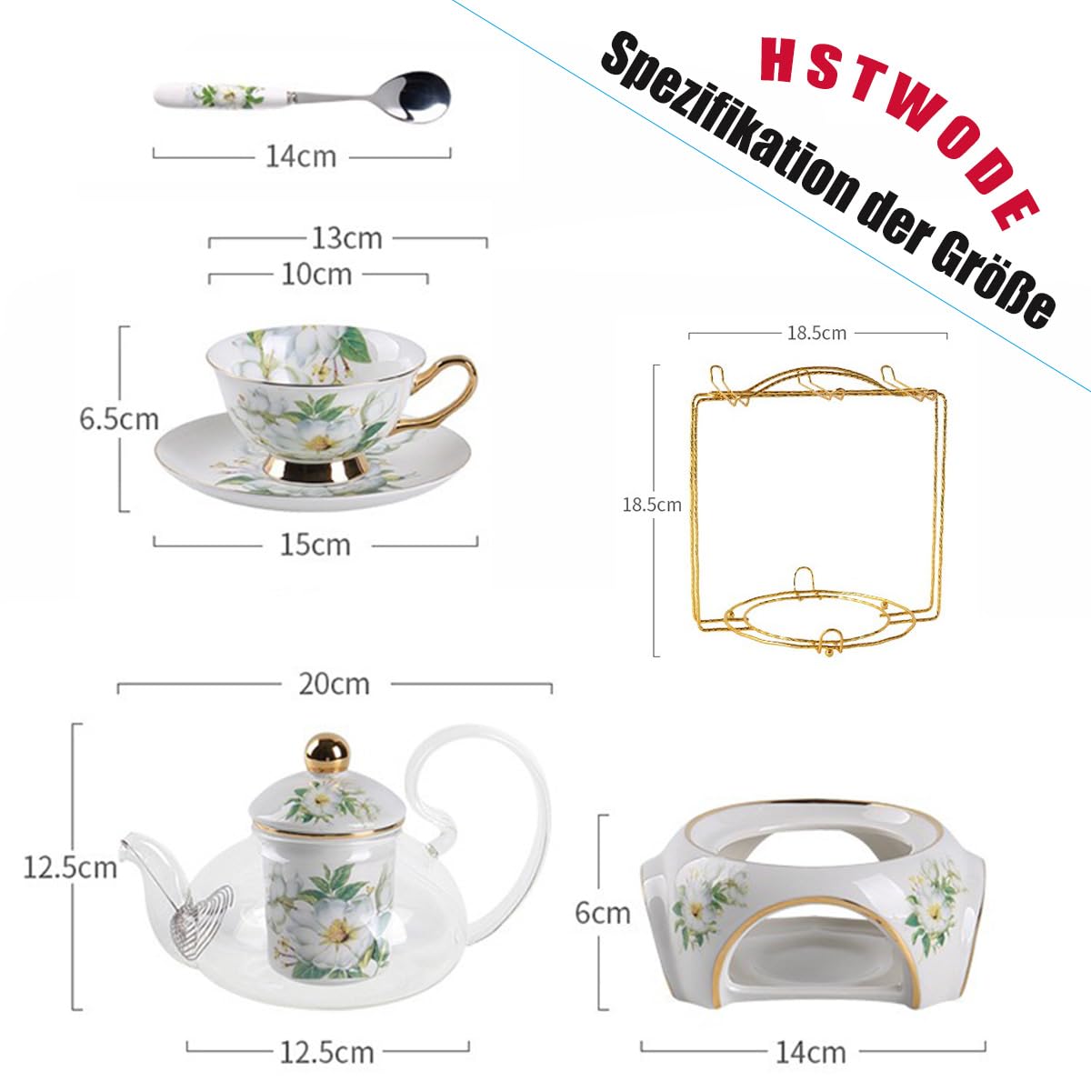 15 Stück Europäischen Blumen Tee Set,Muster Bone China Tee Set Service Kaffee Set, Beheizte Glas Teekanne, Für Geschenk Und Haushalt, Hochzeit (Vogel- und Blumenmuster)