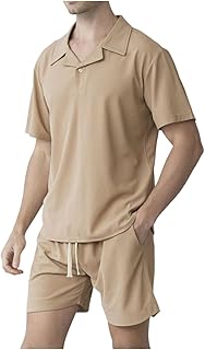 Traje de ocio holgado para hombre, camiseta de solapa de color liso y pantalones cortos casuales, juego de camisa de verano de manga corta para playa, pantalones cortos de playa, pantalones cortos de