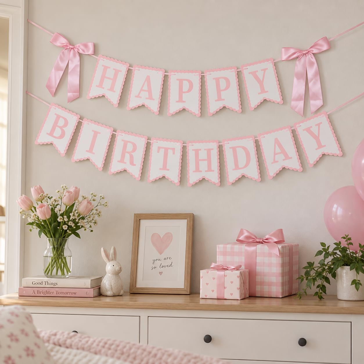 Pink Happy Birthday Banner with Satin Bows -7 Pink Happy Birthday Banner with Satin Bows -7