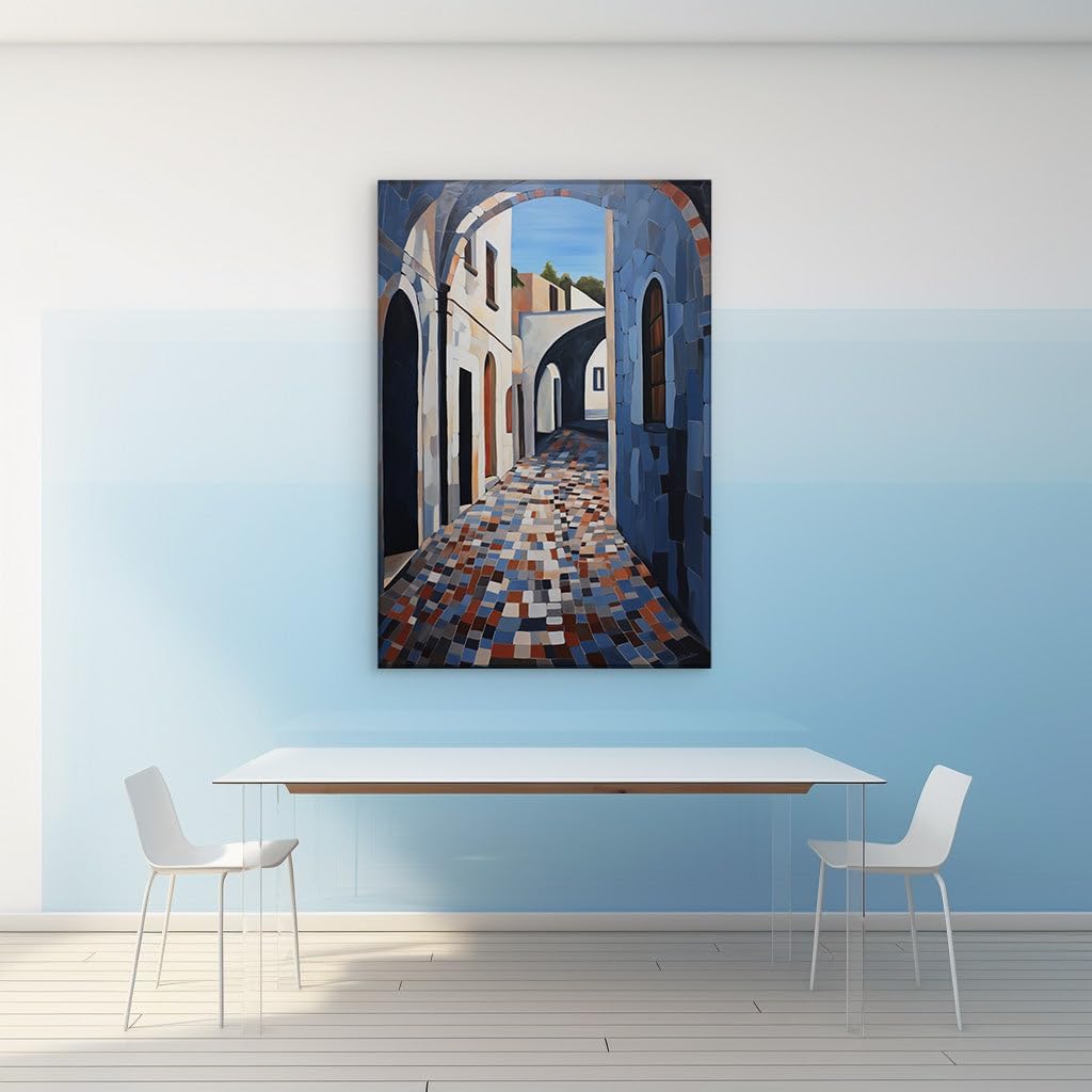 Canvas for Living room. Mediterranean Serenity in Strokes - Discovering Tranquility Through a Painted Alleyway, 27 x 18 inch Canvas Wall Art - Contemporary Masterpieces - Modern Home Decor