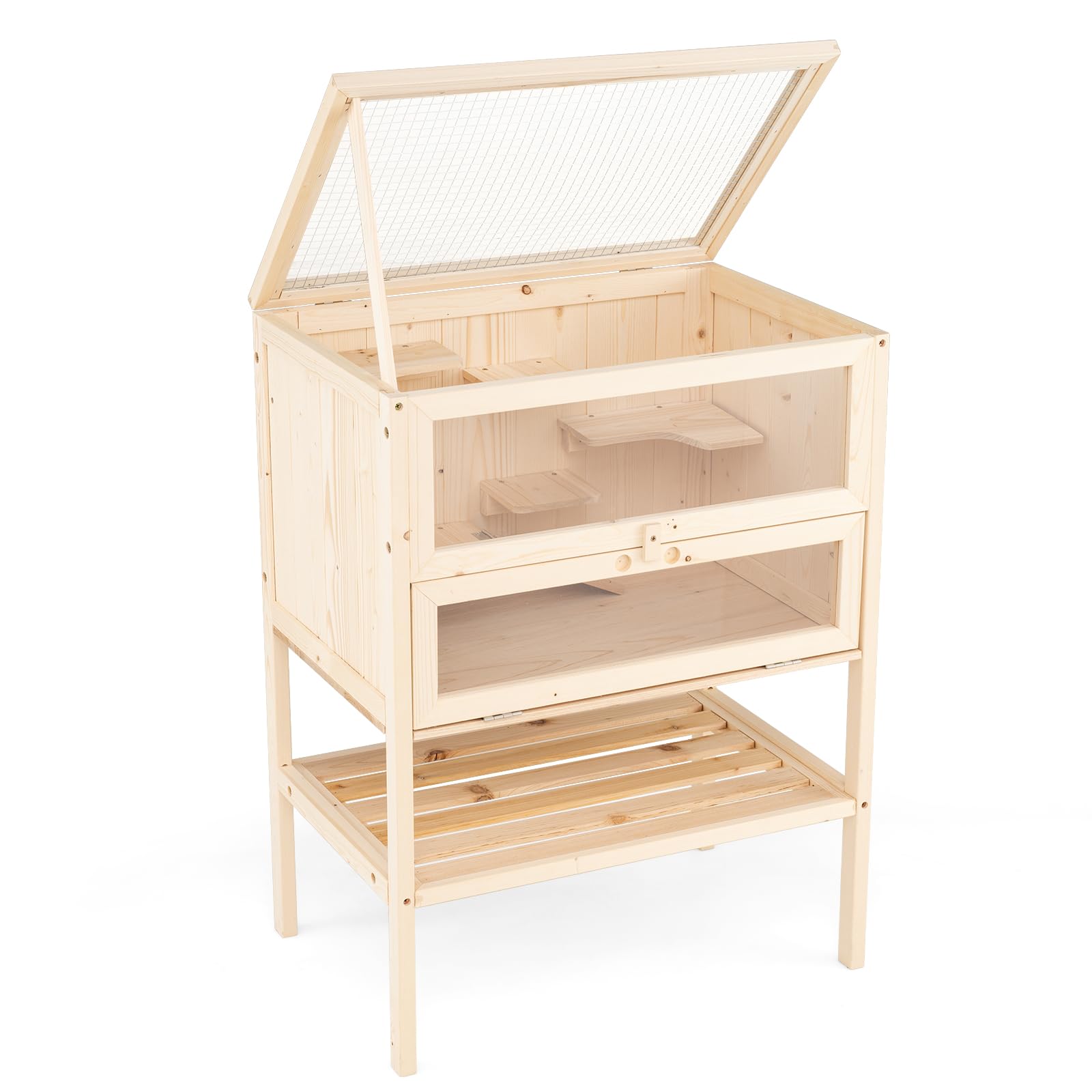 COSTWAY Wooden Hamster Cage, 3 Tiers Guinea Pig Mice Rodent House with Mesh Flip Roof, Multi-Ladder Areas, Lockable Door, Small Animals Exercise Play Cage