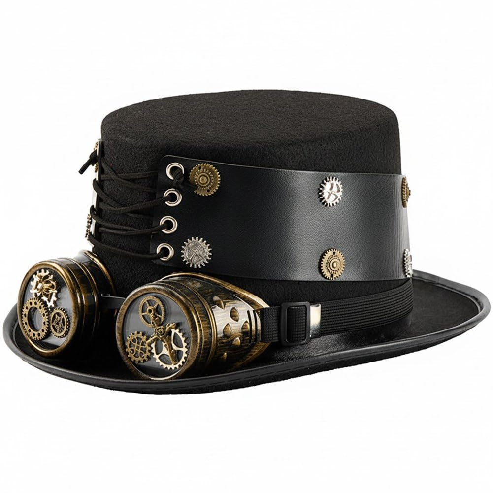 Chapeau haut-de-forme steampunk d'exception aux finitions vintage et engrenages sculptés