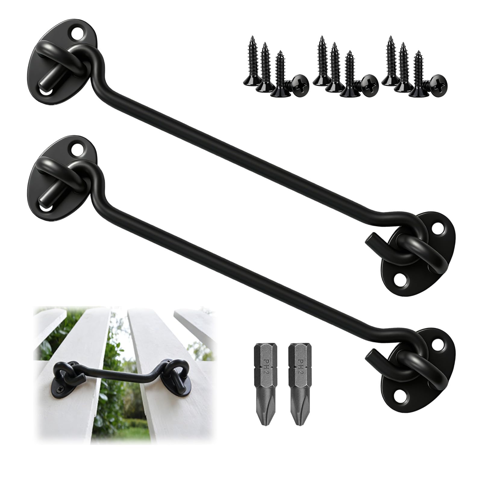 PDKKFF 8 Inch Hook and Eye Latch, 2 Pcs 200mm Black Gate Hook Stainless Steel Cabin Hooks, Door Lock Hooks with Mounting Screws for Window Brace Gate Door Catch, Wooden Gates, Garden Shed