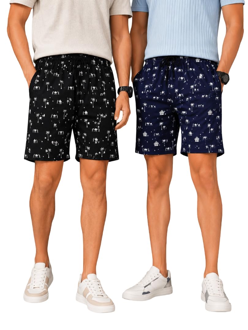 Mens Blk-Blue Printed Cotton Camel Shorts Combo (Pack of 2) | Comfortable Casual & Loungewear | Soft Breathable Lounge & Sleepwear Shorts with Drawstring & Pockets-image-42