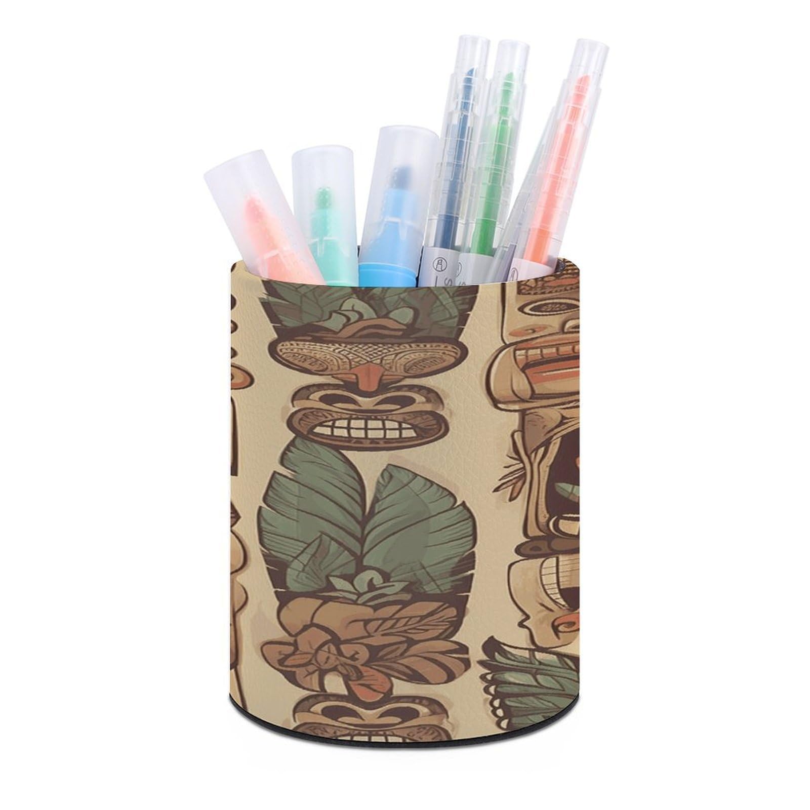 LDGSUPH Vintage Aloha Tiki Round Pen Holder Leather Pen Cup Pencil Cup Pen Organizer Pencil Holder for Desk Organizer Pencil Organizers Makeup Brush Holders for Home Office Gift