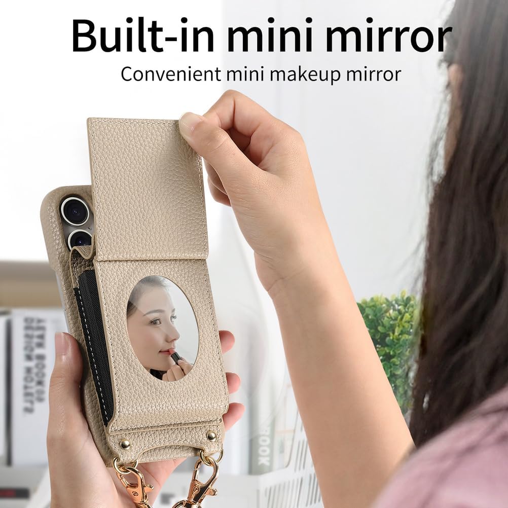 Crossbody Case for iPhone 17/17 Air/17 Pro/17 Pro Max, Organ Wallet Case with Card Holder and Makeup Mirror Stylish Leather Cover Beige
