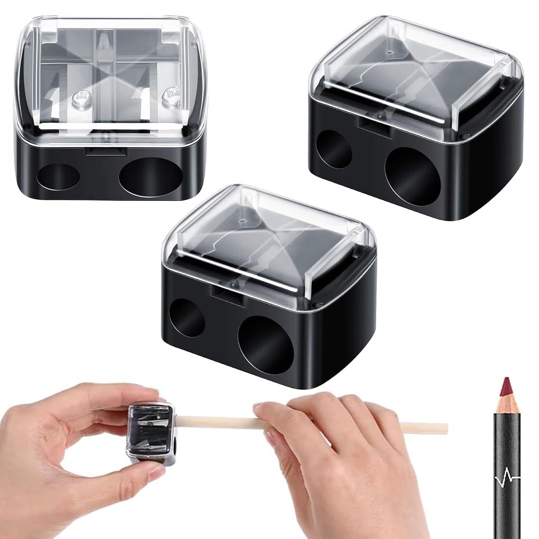 3 Pezzi Temperino Universale per Trucco, Temperamatite Cosmetico per Matite per Sopracciglia, Temperino Doppio per Matite Cosmetiche, Adatto per Eyeliner, Matita per Sopracciglia (Nero)